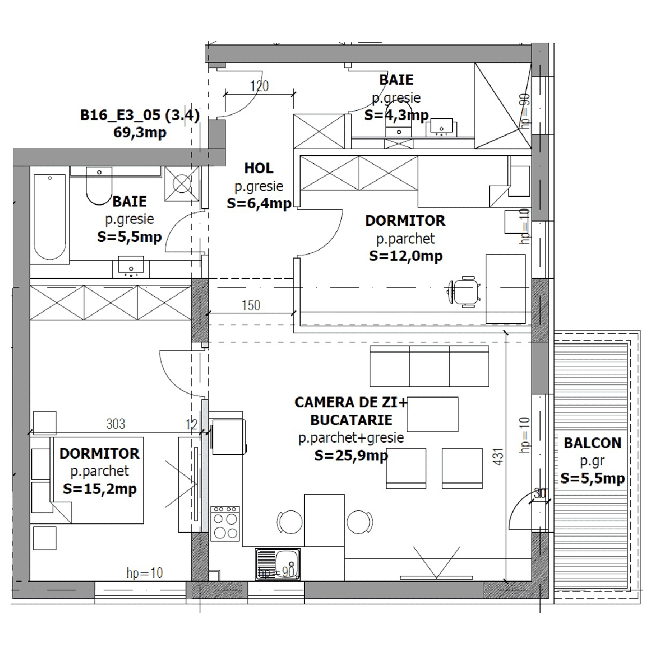 Plan apartament trei camere